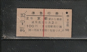 国鉄大阪印刷 京都駅から乗車 青地紋赤線縦一条 硬券準急行券 パンチなし券 