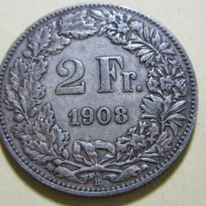 １５、スイス ２Fr銀貨 １９０８年 ９，９６ｇの画像3