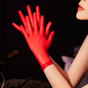新素材 超光沢 赤 薄手 五本指 手袋 指先から腕までぴったり シームレスストッキング 素材のgrove 着脱 スムーズ 手袋 シースルー ロングの画像7