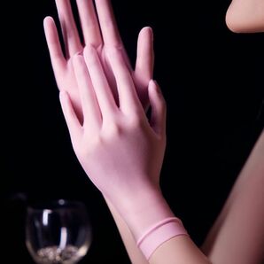 新素材 超光沢 ピンク 薄手 五本指 手袋 指先から腕までぴったり シームレスストッキング 素材のgrove着脱 スムーズ手袋 シースルー ロングの画像3