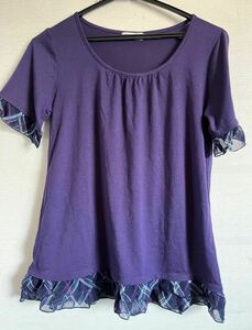 袖 裾 ヒラヒラ付き 半袖カットソー パープル 紫 M 