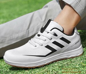 新品セール◆ゴルフシューズ Golf shoes メンズ スニーカー 運動靴スポーツシューズ 紳士 グラデーション幅広 防滑 撥水 耐磨 白/黒 25.0cm