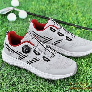 高級品 メンズ ゴルフシューズ 新品 ダイヤル式 運動靴 4E 幅広い Golf shoes スポーツシューズ フィット感 軽量 防滑 弾力性グレー 26.5cmの画像2