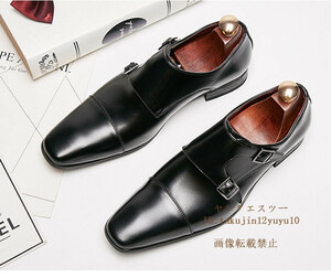 新品 ビジネスシューズ 本革 メンズ モンクストラップ 革靴 牛革 レザーシューズ 紳士靴 3cmシークレット フォーマル 二色 ブラック 25.0cm