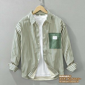 春夏新品 メンズシャツ 長袖シャツ ストライプ柄 ヴィンテージ 超美品 切替シャツ 心地良し カジュアル 紳士服 トップス グリーン系 2XL