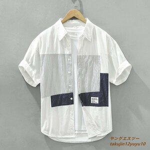 夏新品 メンズ 半袖シャツ ワイシャツ 切替 Tシャツ ストライプ柄 カジュアル 春夏シャツ コットン ゆったり 二色選択可 ホワイト S