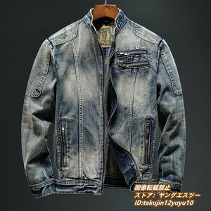 超美品 デニムジャケット 上質 ライダース メンズ ジージャン 細身 ブルゾン カッコイイ バイクウエア スリム ジップアップ アウター ■3XL