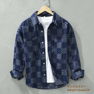 正規品 デニムシャツ 秋新品 メンズ 長袖シャツ チェック柄シャツ ヴィンテージ 超希少 極美品 デニムジャケット カジュアル 心地良し L