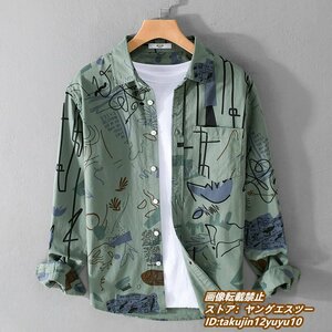 超美品 長袖シャツ メンズシャツ 超希少 総柄 ヴィンテージ 上着 プリント アウター 心地良し カジュアル 新品 オリーブ 3XL