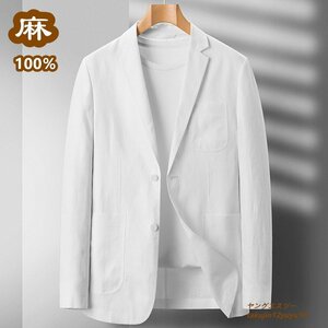 新品 リネン テーラードジャケット 高級 亜麻100% メンズ ブレザー 紳士服 超レア スーツ 春夏秋 アウター デザイナーズ 細身 ホワイト 2XL