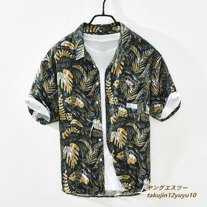 アロハシャツ 新品 半袖シャツ 麻100% リネンシャツ メンズシャツ サマーシャツ 個性 花柄ヴィンテージ 薄手 ハワイアン 心地良し 緑系 XL