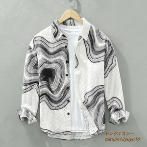 超希少*メンズシャツ 長袖シャツ ワイシャツ ヴィンテージ 新品 アロハシャツ 総柄シャツ シワ感 カジュアル 心地良し ホワイト S