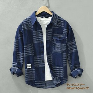 極美品*デニムシャツ メンズ 長袖シャツ 新品 チェック柄シャツ 超希少 ヴィンテージ デニムジャケット 心地良し カジュアル ブルー XL