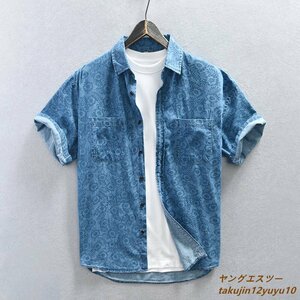 超美品 ★デニムシャツ 半袖シャツ 夏新品 アロハシャツ 花柄 メンズシャツ 正規品 ヴィンテージ 極美品 カジュアル 父の日 心地良し M