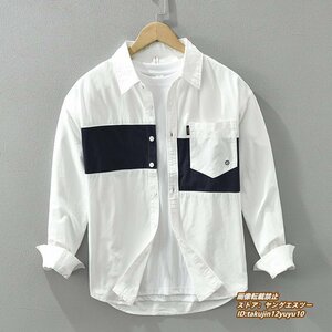 春新品★長袖シャツ メンズシャツ 柔らか レギュラーシャツ 切替 ワイシャツ Tシャツ カジュアル 心地良し お洒落 配色 三色 ホワイト L