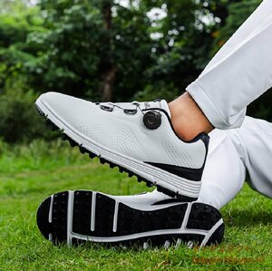 新品セール■ゴルフシューズ メンズ スニーカー ダイヤル Golf shoes ソフトスパイク靴 ワイドスポーツシューズ 防水防滑耐磨 白/黒 25.5cm