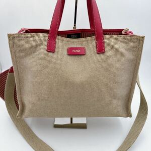 【1円 FENDI 2WAY ポーチ付き】トートバッグ ショルダーバッグ ベージュ キャンバス ピンク レディース A4可