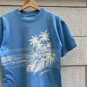 80s USA製 水色 プリントTシャツ 半袖Tシャツ Hanes ヘインズ ハワイ Hawaii ビーチ アメリカ製 古着 vintage ヴィンテージ Mサイズ