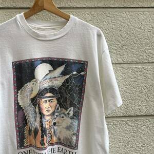 90s USA古着 白 プリントTシャツ 半袖Tシャツ Human-i-Tees インディアン オオカミ アメリカ古着 vintage ヴィンテージ メッセージ
