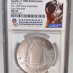 1円スタート NGC MS70 Early Releases プルーフ 2019 アメリカ アポロ 11号 月面着陸 50周年記念 宇宙飛行士 湾曲コイン $1 ドル 銀貨 純銀の画像1
