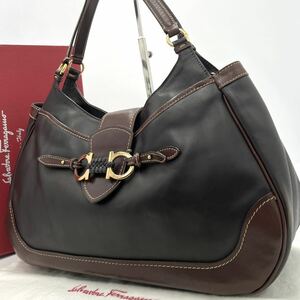 1 jpy / beautiful goods * Salvatore Ferragamo Ferragamo tote bag business bag shoulder ..A4 gun chi-ni metal fittings bai color Brown leather men's 