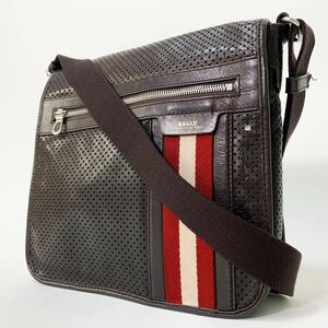 1円/極美品● BALLY バリー ショルダーバッグ ボディバッグ ビジネス A4 トレインスポッティング パンチング レザー メンズ ブラウン 