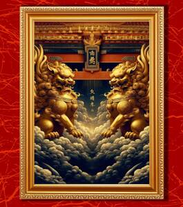 『家に結界を張り厄災を払う黄金の獅子神（シーサー）』額縁付きスピリチュアルアート 