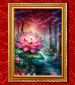 『神様からの信頼と幸福を招くピンク色のロータス』額縁付きスピリチュアルアート　 