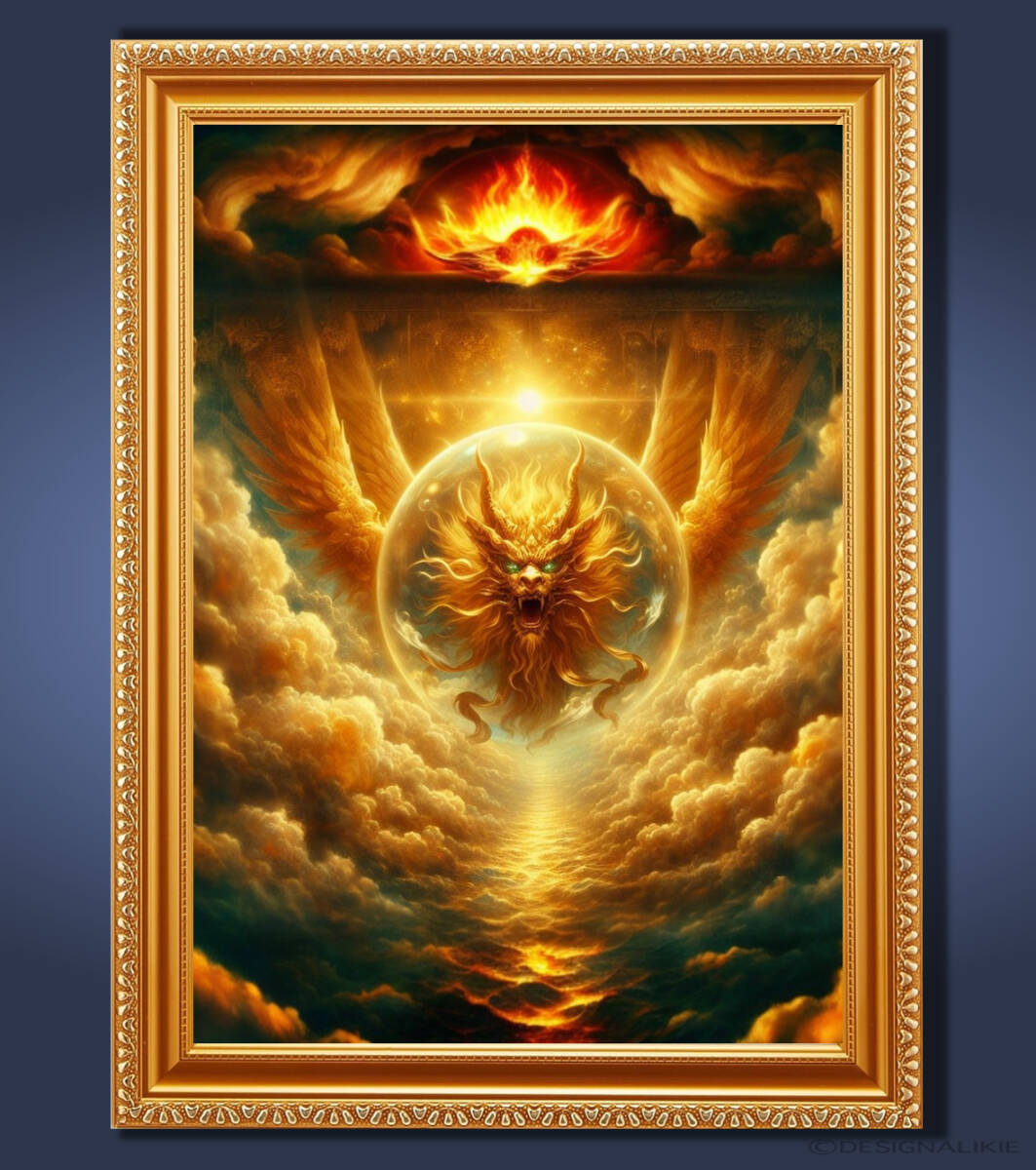 गोल्डन ड्रैगन दहाड़ के साथ आकाश को चीरता हुआ फ़्रेमयुक्त ग्राफ़िक आध्यात्मिक कला, कलाकृति, चित्रकारी, अन्य