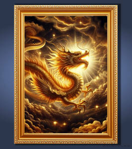 Art hand Auction Dragón Dorado que trae suerte en el dinero, poder, y carrera Arte gráfico y espiritual enmarcado., Obra de arte, Cuadro, otros