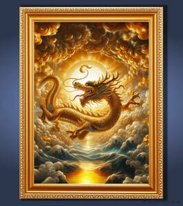 Art hand Auction बादलों में चमकता हुआ सुनहरा ड्रैगन फ़्रेमयुक्त ग्राफ़िक आध्यात्मिक कला, कलाकृति, चित्रकारी, अन्य