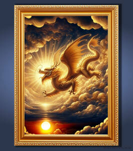 『雲上を駆ける光輝く黄金龍』額縁付きグラフィック・スピリチュアルアート