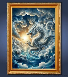 Art hand Auction Серебряный Дракон, бегущий по морю, в рамке графического духовного искусства, произведение искусства, Рисование, другие