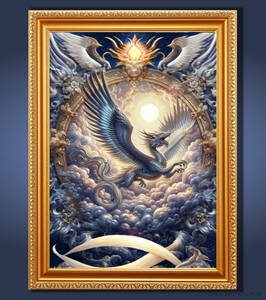 Art hand Auction Серебряный дракон, бегущий в графическом духовном искусстве в рамке зеркала, произведение искусства, Рисование, другие