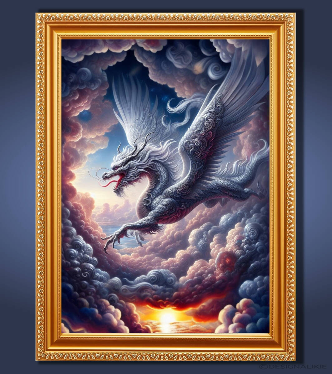Dragón plateado corriendo con gracia sobre las nubes Arte gráfico y espiritual enmarcado., Obra de arte, Cuadro, otros