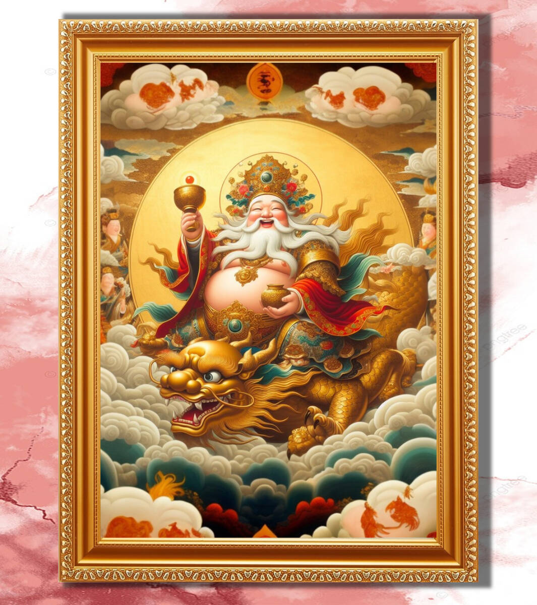 Daikokuten de pelo blanco montando un dragón dorado Arte espiritual gráfico enmarcado, Obra de arte, Cuadro, otros