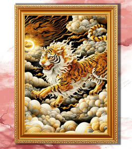 Art hand Auction Tigre de melena blanca que trae buena suerte y protege de enfermedades Arte espiritual con marco, Obra de arte, Cuadro, otros