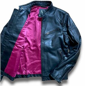 極美品【裏地で魅せる】アルマーニエクスチェンジ ライダース レザージャケット Wジップ シングル 本革 牛 ARMANI EXCHANGE メンズ 黒 赤 