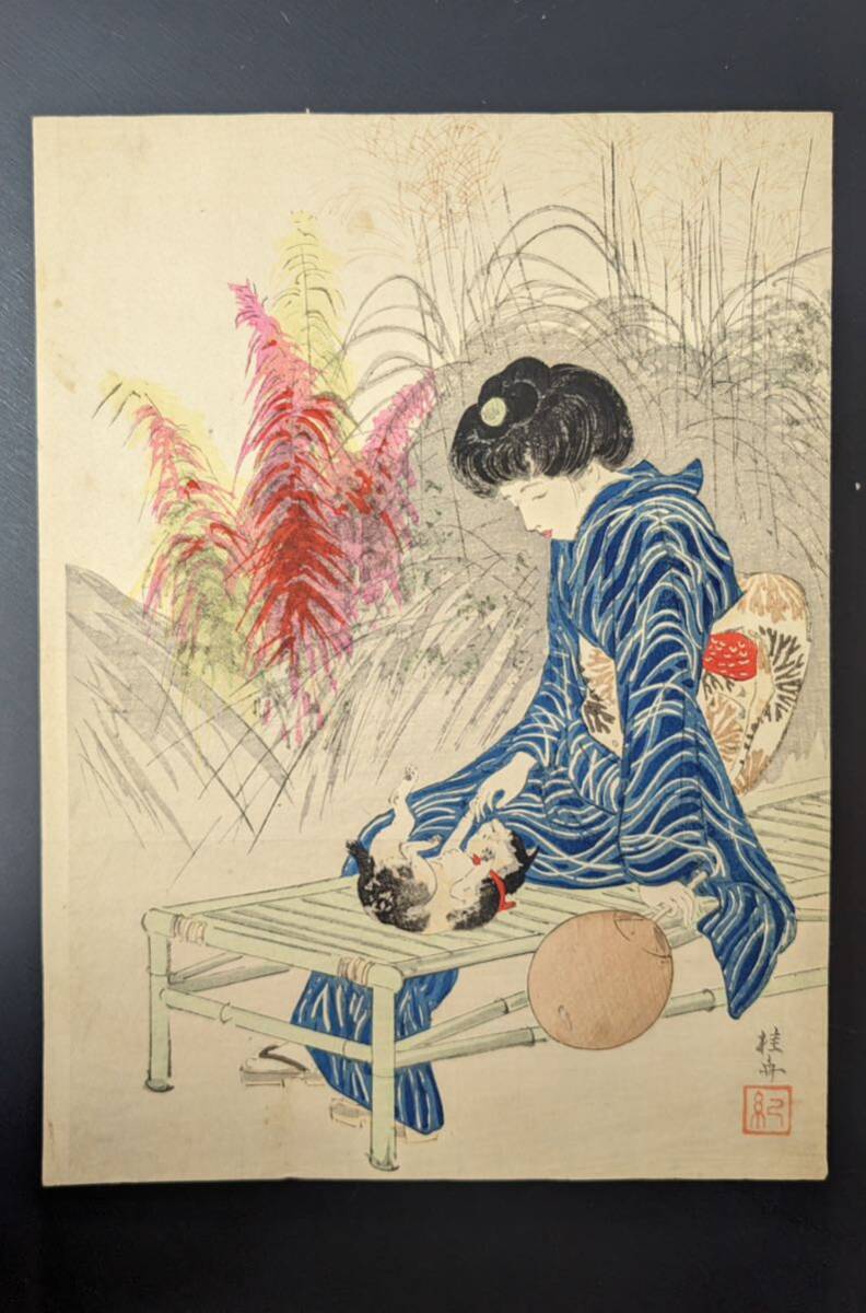 S41205 الفن العتيق الأصيل Ukiyo-e Woodblock طباعة Nishiki-e لوحة الجمال Keishu Takeuchi القط والمرأة قطعة كبيرة الحجم, تلوين, أوكييو إي, مطبعة, لوحة امرأة جميلة