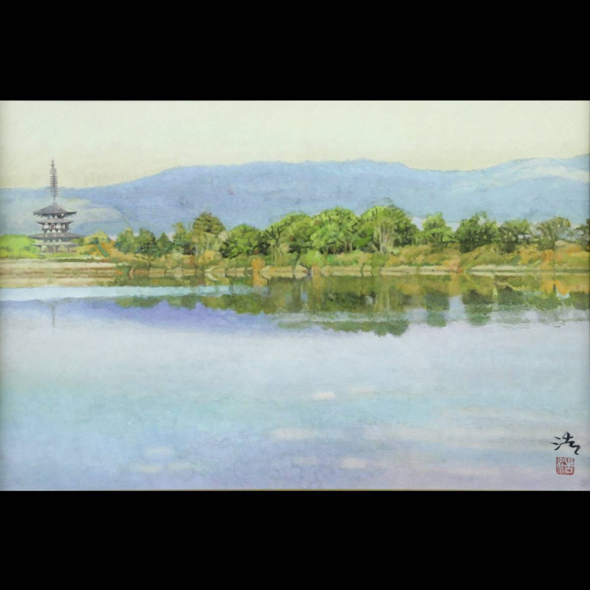 ｡◆ ◆ Genuino Hiroshi Tadokoro garantizado Vista lejana del templo Yakushiji Pintura japonesa pintada a mano No. 6 con pegatina y caja de tatuajes T[C76]U/24, 1 vueltas/SI/(140), Cuadro, pintura japonesa, Paisaje, viento y luna