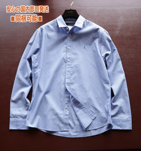 新品■GianLarini ワンポイント ブルー シャツM 40 メンズ 薄手 長袖 シンプル ビジネスシャツ 青 トリコロール Yシャツ カッター 紳士 