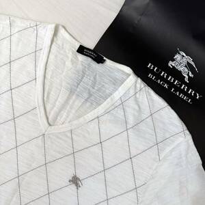 美品 BURBERRY BLACK LABEL バーバリーブラックレーベル 半袖VネックTシャツ アーガイル ホース刺繍 白 2(M) #2733