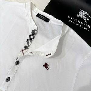 美品 名作 BURBERRY BLACK LABEL バーバリーブラックレーベル 半袖ヘンリーネックTシャツ 前立ノバチェック ホース刺繍 白 2(M) #2734