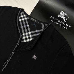 美品 レア BURBERRY BLACK LABEL バーバリーブラックレーベル サーマルヘンリーネックTシャツ ノバチェック ホース刺繍 黒 2(M)日本製#2736