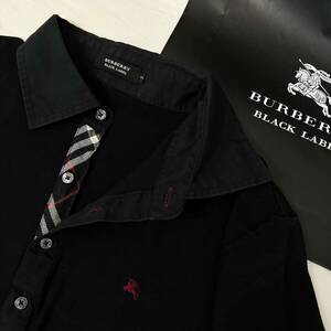 美品 名作 BURBERRY BLACK LABEL バーバリーブラックレーベル 半袖ポロシャツ 鹿の子 前立ノバチェック ホース刺繍 黒 2(M) 日本製 #2738