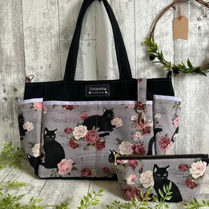 黒猫と音符Rose☆トートバッグ☆お揃いポーチ付き☆ハンドメイド