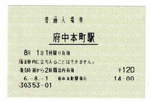 ★ＪＲ東日本★府中本町駅★入場券★マルス券★平成6年