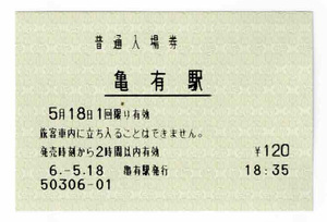 ★ＪＲ東日本★亀有駅★入場券★マルス券★平成6年