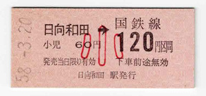 ★国鉄★日向和田→120円区間★乗車券★硬券★小児用★昭和58年