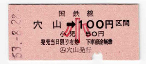 ★国鉄★穴山→100円区間★乗車券★硬券★小児用★昭和53年